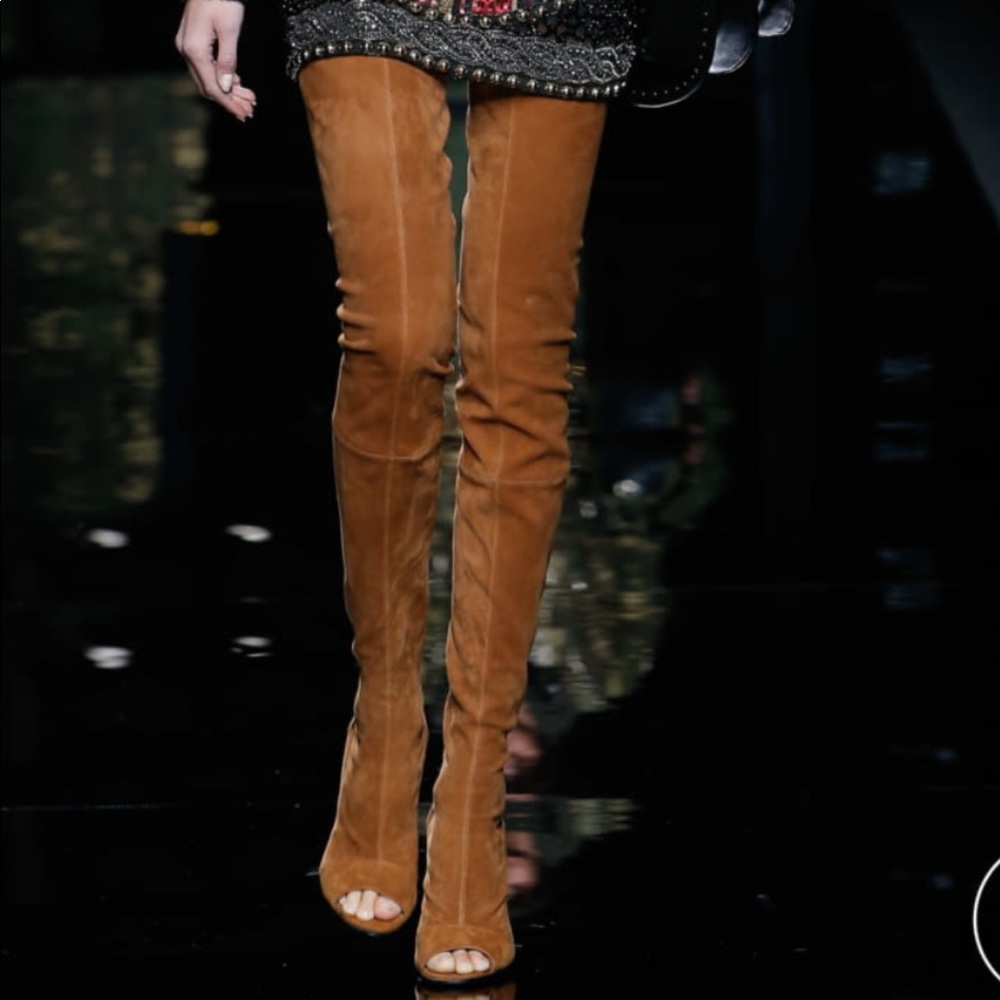Balmain peep toe over the knee camel suede boots
